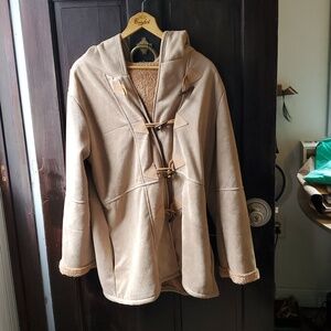 Tan Faux Shearling Hooded Toggle Coat